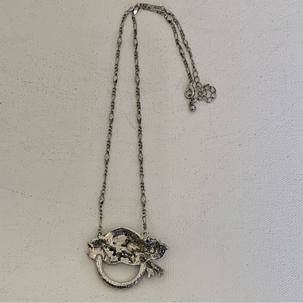 VTG Silver-Tone Black Rhinestones Circle Pendant Necklace Diamond Bar Chain 20" - Picture 9 of 12